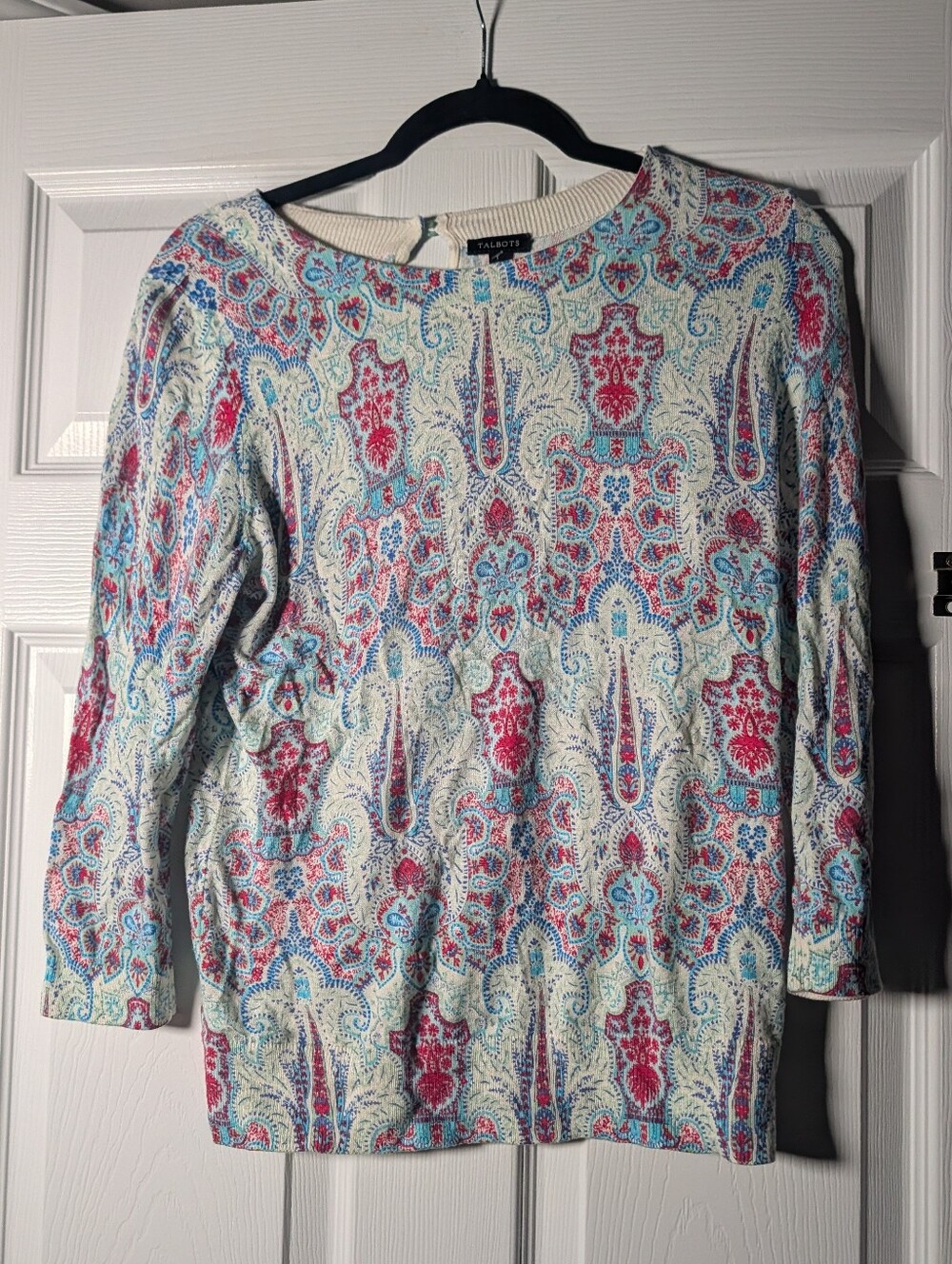 Talbots Paisley Print Sweater Women’s Medium Blue Pink Cream Long Sleeve